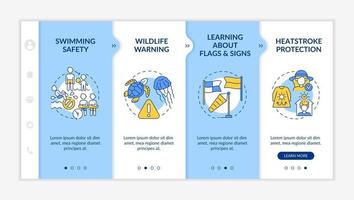 Summer seashore safety onboarding vector template. Responsive mobile website with icons. Web page walkthrough 4 step screens. Learning about flags, signs color concept with linear illustrations