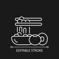 Natto white linear icon for dark theme. Traditional sticky meals preparing. Fermented soybeans. Thin line customizable illustration. Isolated vector contour symbol for night mode. Editable stroke