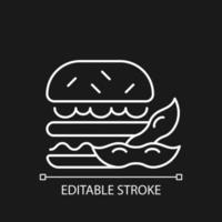 Soy burger white linear icon for dark theme. Patty made from organic vegetables. Vegeterian foods. Thin line customizable illustration. Isolated vector contour symbol for night mode. Editable stroke