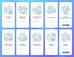 E-marketplace onboarding mobile app page screens set. Selling goods online walkthrough 5 steps graphic instructions with concepts. UI, UX, GUI vector template with linear color illustrations