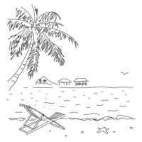 Bounty Island, summer, sea, beach, palm tree. Beach vacation. Vector illustration, linear drawing