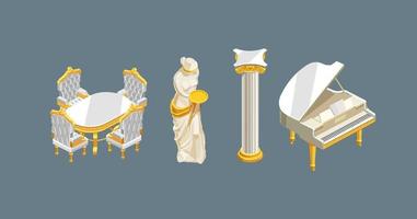 Interior elements in a classic isometric style. Piano, table, chair, statue, column. Vector Illustration