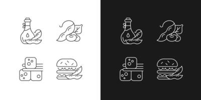 Soybeans cooking linear icons set for dark and light mode. Vegeterin lifestyle. Tofu cubes preparation. Customizable thin line symbols. Isolated vector outline illustrations. Editable stroke