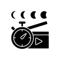 Time lapse videos black glyph icon. Shooting footage over night. Clock with time passing for filmmaking. Stop motion picture. Silhouette symbol on white space. Vector isolated illustration