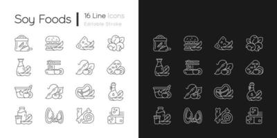 Soy foods linear icons set for dark and light mode. Vegetarian products. Plant based snacks. Nutritions source. Customizable thin line symbols. Isolated vector outline illustrations. Editable stroke