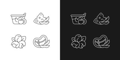 Soy ingredients linear icons set for dark and light mode. Organic vegetables in meal. Soybean cooking options. Customizable thin line symbols. Isolated vector outline illustrations. Editable stroke