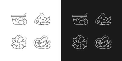 Soy ingredients linear icons set for dark and light mode. Organic vegetables in meal. Soybean cooking options. Customizable thin line symbols. Isolated vector outline illustrations. Editable stroke