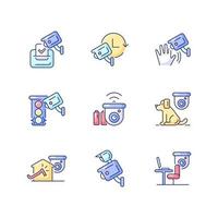 Surveillance camera usage RGB color icons set. Election observation. Pet control. Motion detection. Isolated vector illustrations. House robbery prevention simple filled line drawings collection
