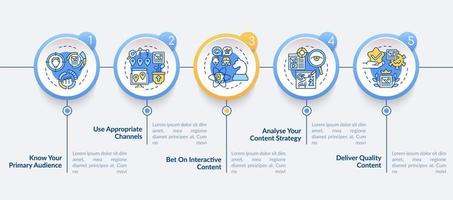 Buzzworthy content techniques vector infographic template. Targeting presentation outline design elements. Data visualization with 5 steps. Process timeline info chart. Workflow layout with line icons