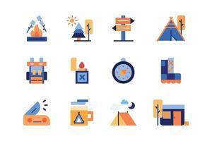 backpacker and camping holiday concept icon set. colored fill style icon vector illustration