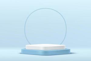 Modern white, blue round corner cube pedestal podium with blue circle ring backdrop. Abstract pastel blue color minimal scene. Vector rendering 3d platform geometric shape product display presentation