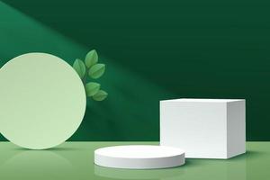 podio de pedestal geométrico blanco moderno con sombra. Escena de pared mínima verde oscuro abstracto con telón de fondo de círculo y hoja verde. Representación vectorial forma 3D para presentación de exhibición de productos cosméticos. vector