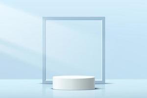 Modern white cylinder pedestal podium with blue geometric square frame backdrop. Abstract pastel blue color minimal wall scene. Vector rendering 3d shape, cosmetic product display presentation.