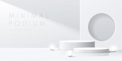 Modern white, gray cylinder pedestal podium with neon sphere ball. Abstract white minimal wall scene. Square backdrop with circle hole in shadow. Vector rendering 3d shape product display presentation