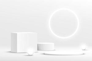 Modern white, gray geometric pedestal podium with neon sphere ball. Abstract white minimal wall scene with glowing neon ring backdrop. Vector rendering 3d shape cosmetic product display presentation