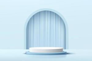 moderno podio de pedestal cilíndrico blanco y azul con telón de fondo en forma de arco y cortinas azules. Escena de pared mínima de color azul pastel abstracto. Representación vectorial de forma 3d, presentación de exhibición de productos cosméticos. vector