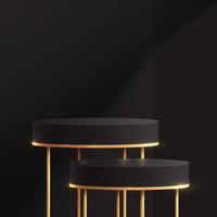 Luxury black, gold cylinder pedestal podiums. Golden table legs. Dark color minimal wall scene with window lighting. Vector rendering 3d shapes, product display presentation. Abstract studio room.