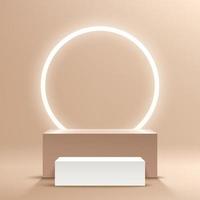 Modern white, brown cube pedestal podium with glowing neon ring backdrop. Abstract beige color minimal wall scene. Geometric platform in shadow. Vector rendering 3d shape product display presentation.