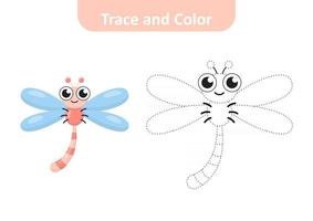 Trace and color for kids, dragonfly vector