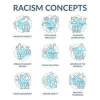 Racism concept icons set. Fighting racial discrimination, intolerance idea thin line color illustrations. Stop police brutality. Avoiding judgement. Vector isolated outline drawings. Editable stroke