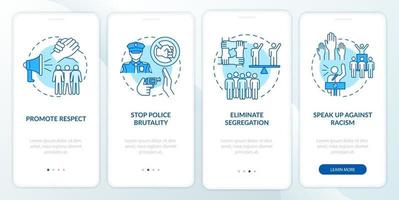 Confronting racism onboarding mobile app page screen. Stop officer brutality walkthrough 4 steps graphic instructions with concepts. UI, UX, GUI vector template with linear color illustrations