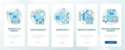 Racism in workplace onboarding mobile app page screen. Ensuring safety walkthrough 5 steps graphic instructions with concepts. UI, UX, GUI vector template with linear color illustrations