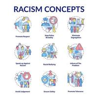 Conjunto de iconos de concepto de racismo. lucha contra la discriminación racial y la intolerancia idea ilustraciones en color de línea fina. promover el respeto. eliminar la segregación. dibujos de contorno aislados vectoriales. trazo editable vector