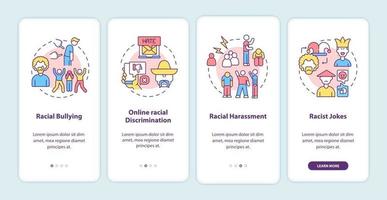 Racism in social situations onboarding mobile app page screen. Racial bullying walkthrough 4 steps graphic instructions with concepts. UI, UX, GUI vector template with linear color illustrations