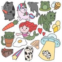 Set of cute creatures, animal, object and food doodles vector