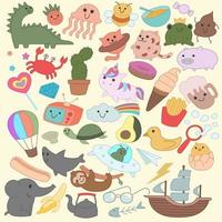 Set of various doodles, kawaii style, cartoon, childish, fun, elements vector