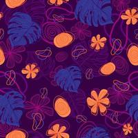 Modern seamless pattern with tropical exotic elements and vibrant colors. Repeat pattern with monstera leaves, hibiscus, plumeria flowers and amoeba. Line art aloha texture for summer. vector