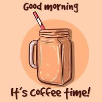 Poster with an isolated cup of ice coffee and text about good morning. Vector art of a frappe beverage with a straw in a glass container. Brown chocolate soft drink for summer.