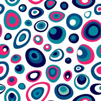 Modern minimalist repeat background with peacock feather colors. Tuequoise and pink abstract seamless pattern with turkish eyes for clothing. Textile and fashion texture with polka dots.