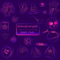 Occult spell collection with witchcraft and Halloween objects. Purple esoteric and wiccan symbols and sketches about black magic.Fortune telling and alchemy pack with psychedelic isolated vectors