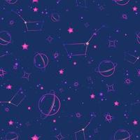 Purple and blue galaxy seamless pattern with stars, planets and constellations. Repeat pattern with starry sky and glowing universe. Gradient texture with astrological clouds and nebulas. vector