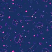 Purple and blue galaxy seamless pattern with stars, planets and constellations. Repeat pattern with starry sky and glowing universe. Gradient texture with astrological clouds and nebulas. vector