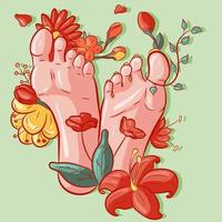 Vector illustration of female soles of feet around flowers, leaves and exotic vegetation. Barefoot woman with tropical plants around her legs. Conceptual art with pastel colors.