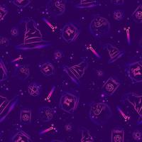 Violet seamless pattern with gradients and starry sky. Repeat background with witch hats, spell books, magic wands and pentagrams. Occult wiccan texture with esoteric and spiritual elements. vector