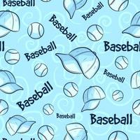 patrón transparente azul con concepto y elementos de béisbol. fondo repetitivo con pelotas de equipo, sombreros blancos y texto. textura deportiva con repetición de ilustraciones de softbol. vector