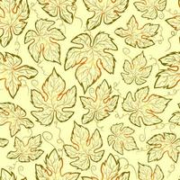 Autumn seamless pattern with gradient grape leaves on a green surface. Repetitive and symmetric background with mapple and vine leaf. Botanical texture with curled plants vector