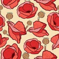 Red papaver somniferum seamless pattern with bulbs. Repeat background with pink pastel poppies and seeds. Vintage floral texture with romantic flowers and botany elements. vector