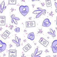 Pastel purple occult seamless pattern with ouija planchettes, tarot cards, gemstones and stars. Repeat background with wiccan and pagan magic objects. Spiritual and millennial texture about divination vector