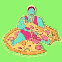 Ilustración de un hombre obeso y hambriento sentado encima de una pizza con pepperoni, champiñones y queso. gordo con sobrepeso y perezoso comiendo comida chatarra. estilo de vida sedentario y hábitos poco saludables. vector