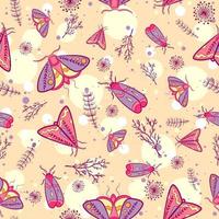 patrón de verano rosa y amarillo con polillas voladoras y plantas. Repita el fondo con mariposas nocturnas, dientes de león, hojas y ramas. textura textil para mujer con insectos, bichos y flores.