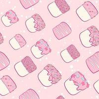 Kawaii seamless pattern with white marshmallows, pink frosting and colorful sprinkles. All over print and repeat background with sweets for kids and babies. Soft and fluffy snack texture vector