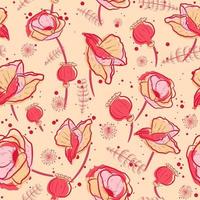 estampado elegante y vintage de patrones sin fisuras con amapolas de opio. Repita el fondo con flores rosas y malas hierbas. textura femenina floral con plantas de papaver somniferum y rosas. vector