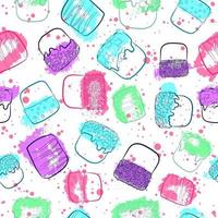 Modern seamless pattern with blue, purple, green and pink marshmallows for kids and babies. Repeat background with sweets and candies for christmas and birthdays. All over print with color splashes vector