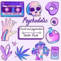 Psychedelic and occult witchy pack with witchcraft and trippy elements with purple galaxy gradient. Spiritual and millennial collection with isolated vectors. Purple fantasy objects for Halloween. vector