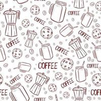 Seamless pattern with cafeteria brown elements. Repetitive background with coffee beans, beverage, cold frappe and chocolate chip cookies. Vector illustration for restaurants and shops.