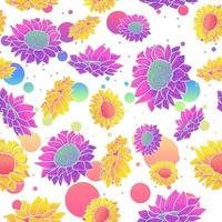 Gradient seamless pattern with colorful sunflowers and daisies. Rainbow floral repeat background with flowers. Repetitive summer texture with botany motifs. vector